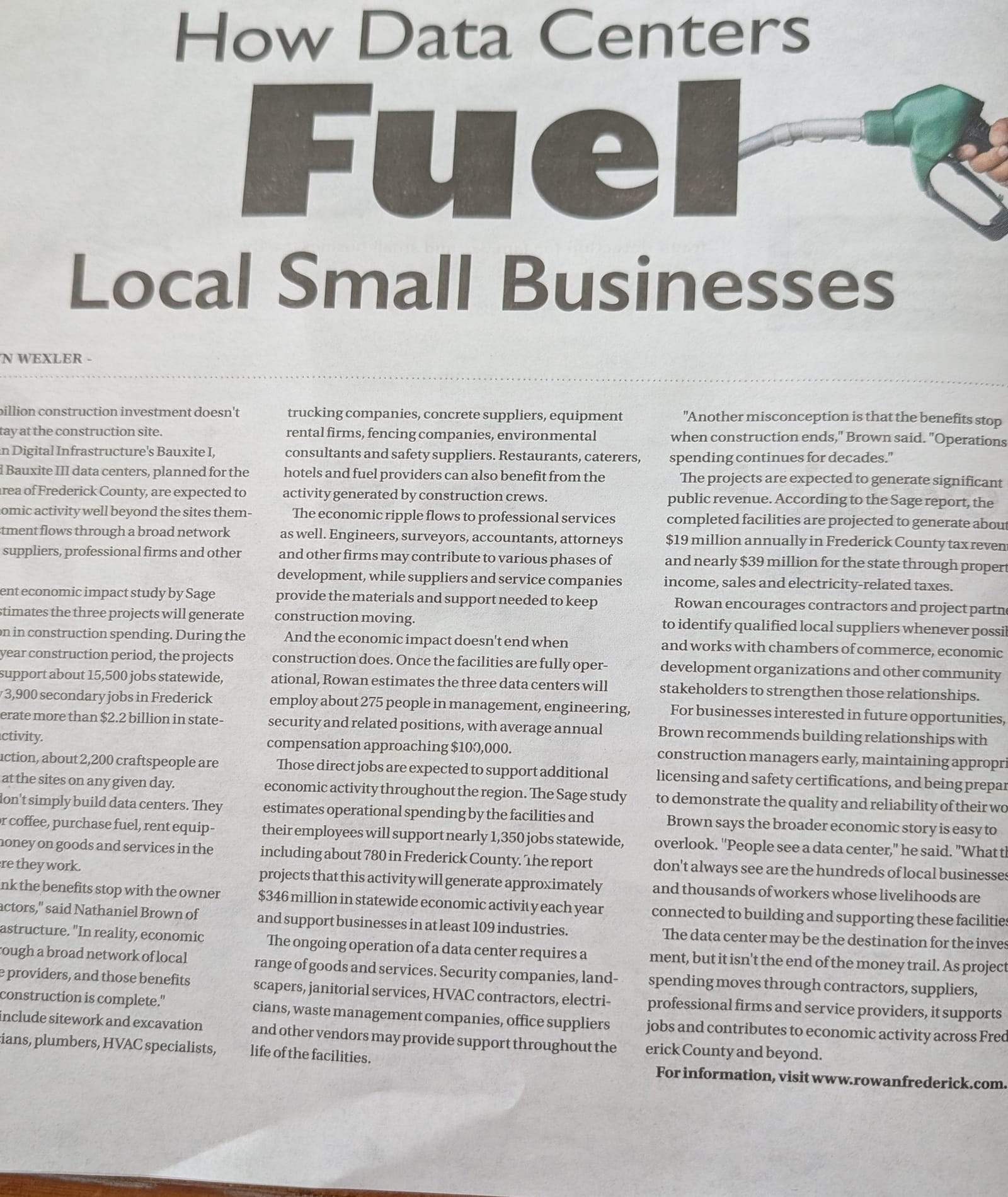Rowan mailer page 14 headline about local small businesses and its construction and operating forecasts.