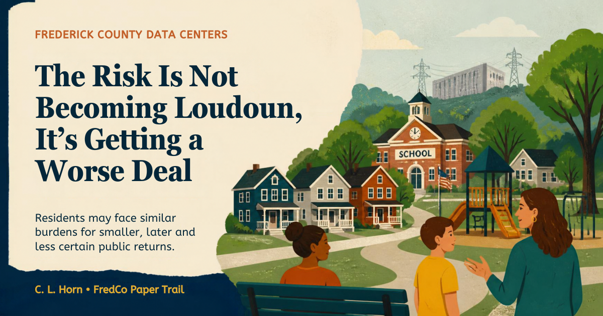 A friendly illustrated Frederick County neighborhood places residents, homes, a school and trees in the foreground, with data-center and transmission infrastructure behind them.