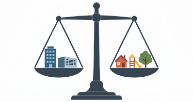 A balanced scale with business and data-center buildings on one side and a house, playground slide, and tree on the other.