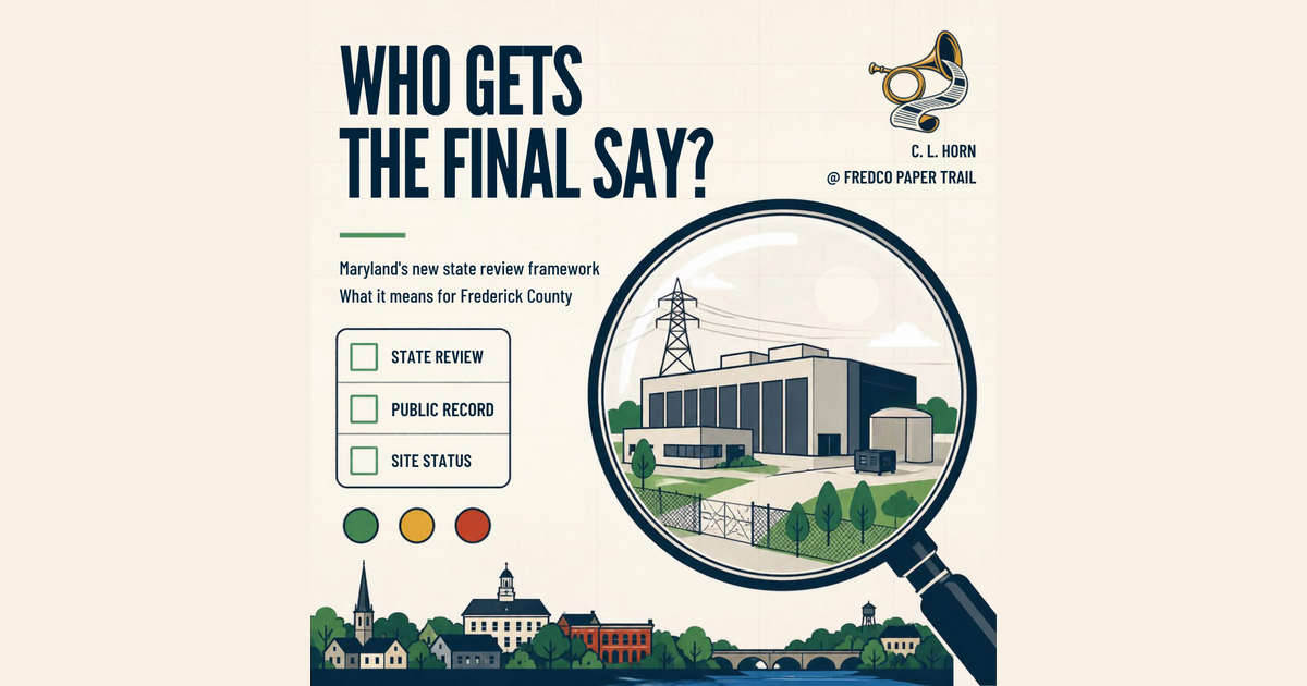 FredCo Paper Trail graphic asking “Who gets the final say?” with a magnifying glass examining a data-center site and boxes for state review, public record and site status.
