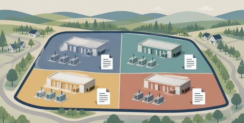Editorial illustration of a data-center campus divided into four colored parcels, each with a building, generators and a permit icon, surrounded by roads, homes, trees and hills.