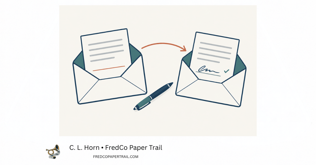 Two illustrated envelopes hold oath sheets, one with a blank signature line and one signed, with a pen and an arrow between them.
