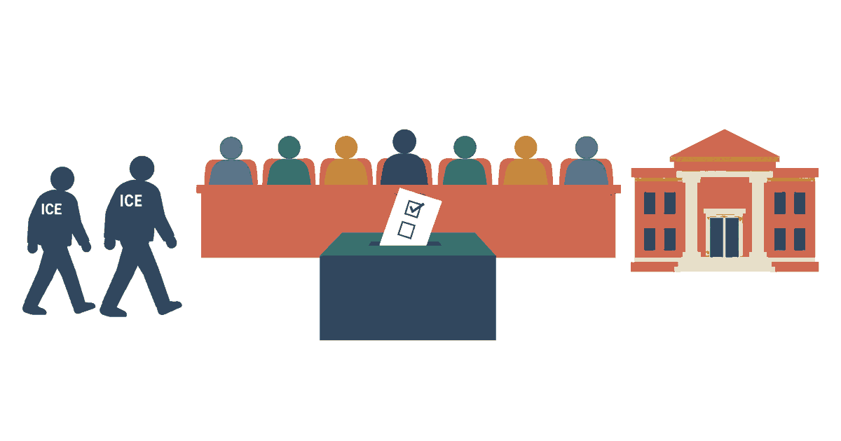 Seven council members sit behind a dais as a voter marks one of two ballot boxes; two immigration-enforcement officers walk toward a county building.
