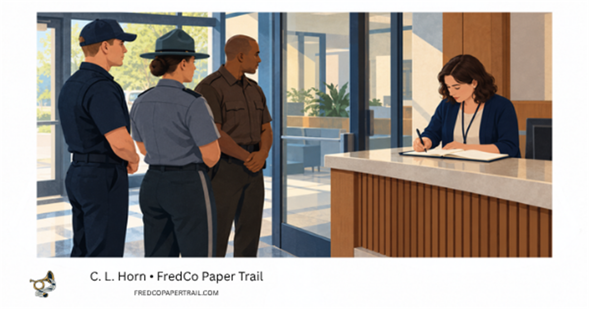 Editorial illustration in a County lobby. Three unarmed officers stand outside a glass threshold while an employee documents the encounter in an open incident log.