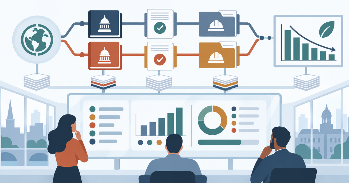 Three residents examine a climate dashboard while parallel City and County tracks connect civic actions, implementation records, and an emissions chart.