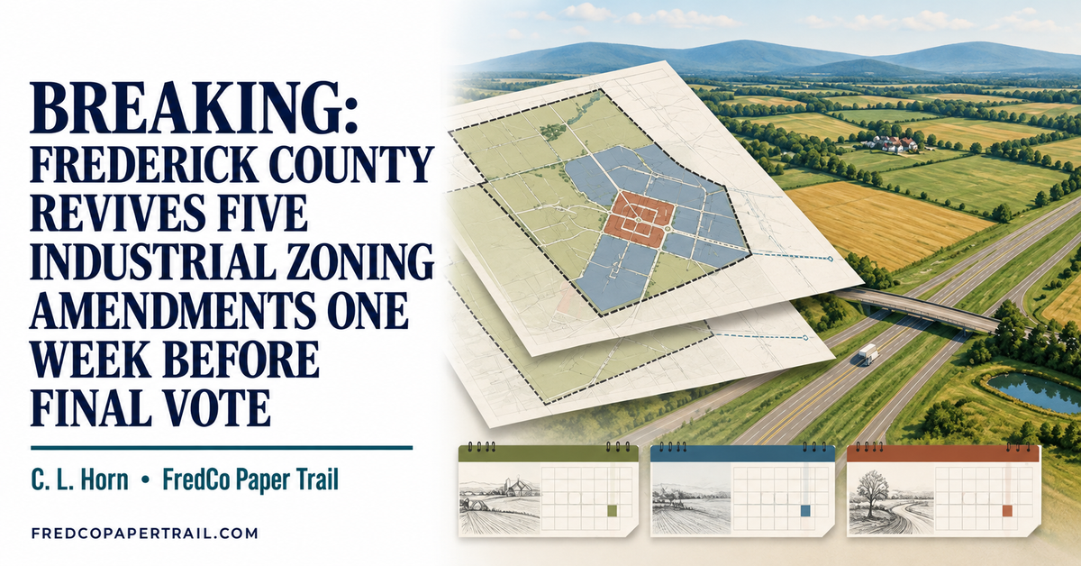 Editorial graphic showing layered industrial-zoning maps over Frederick County farmland and highways, with the article headline and FredCo Paper Trail branding.