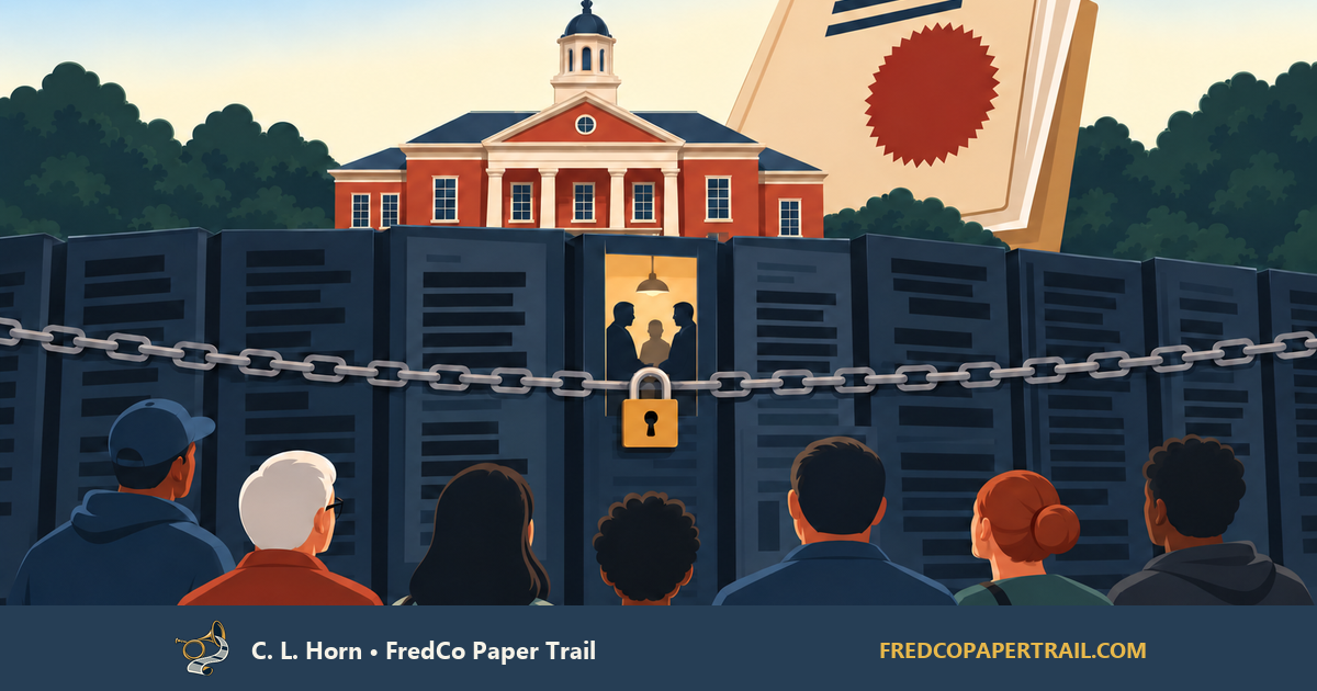 Illustration of residents facing a chained wall of redacted records, a locked negotiation window, a Frederick County building, and an oversized legal filing.