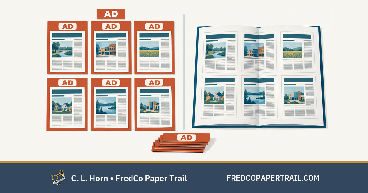 Editorial illustration comparing six article cards marked AD with six matching article layouts in an open mailer that do not display the labels.