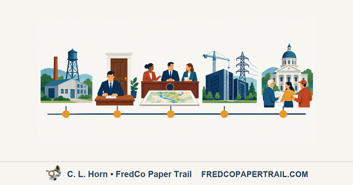 Illustrated timeline connecting Frederick County’s industrial past, government decisions, data-center development, electrical infrastructure, and public participation.