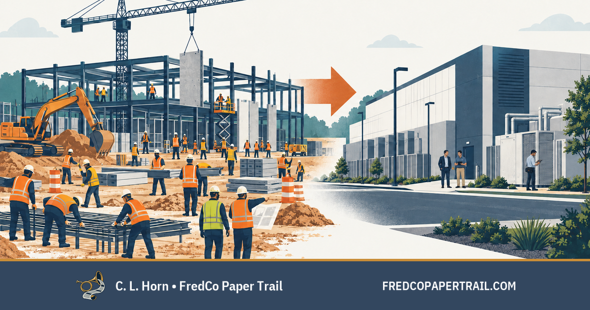 Construction workers build a data center on the left. An arrow points to the completed facility on the right, where three business and technical employees stand without construction gear.