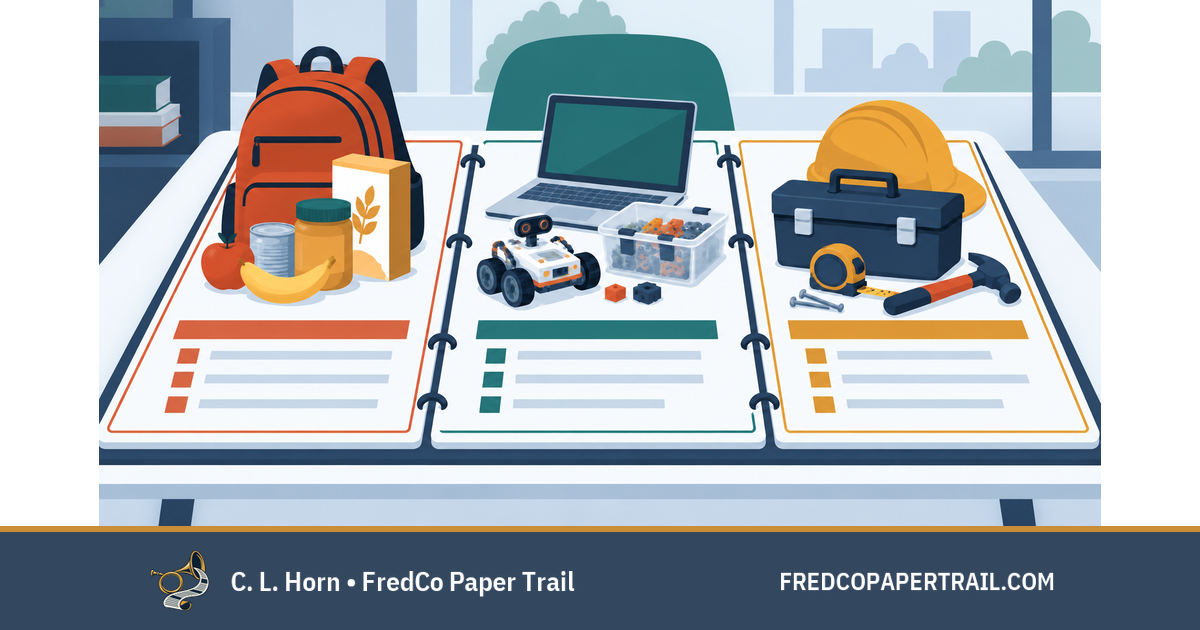 Editorial illustration of three separate ledger sections showing weekend food support, a technology-lab project and building-trades support.