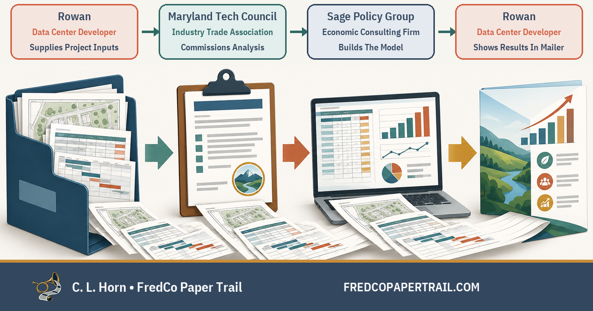 Illustrated paper trail: Rowan supplies project inputs, the Maryland Tech Council commissions analysis, Sage builds the model and Rowan presents results in its mailer.