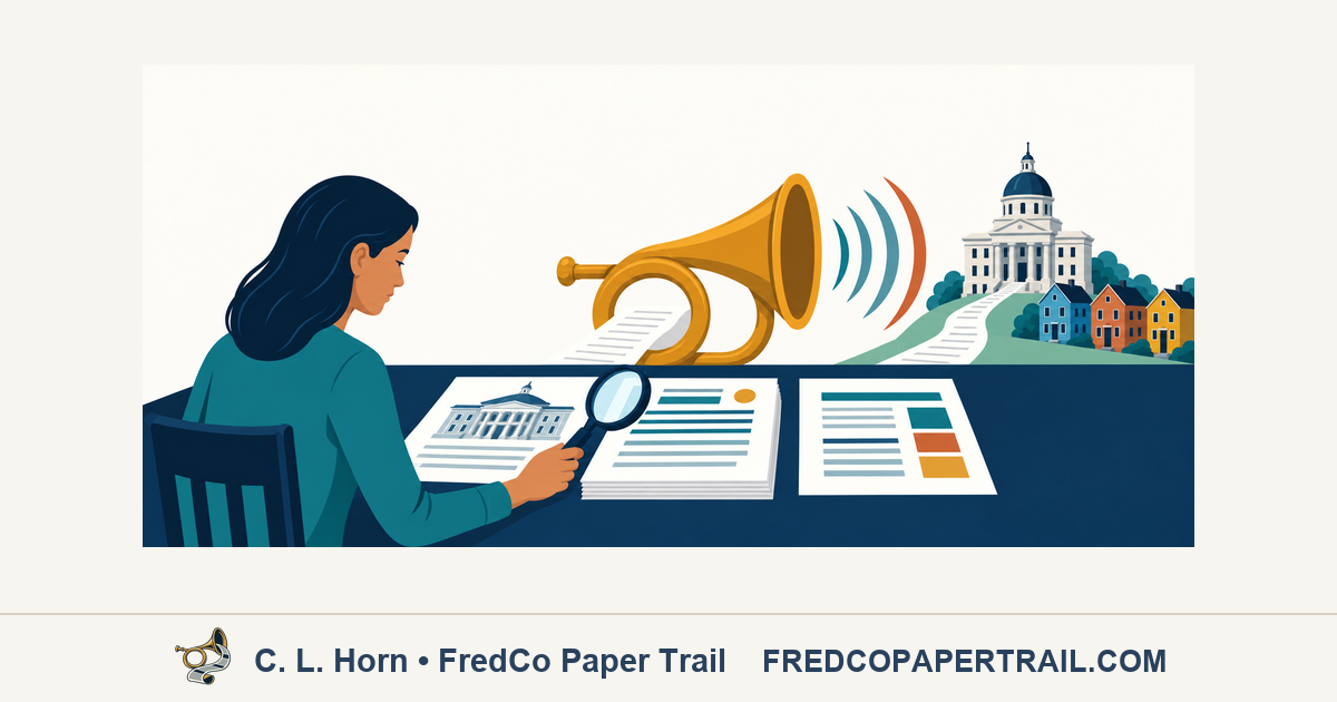 A civic reporter examines public records with a magnifying glass while a brass horn points toward a courthouse and town.