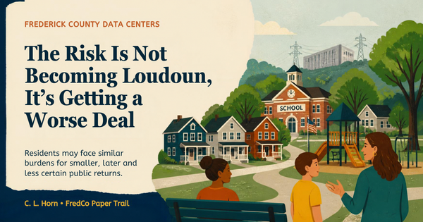 A friendly illustrated Frederick County neighborhood places residents, homes, a school and trees in the foreground, with data-center and transmission infrastructure behind them.