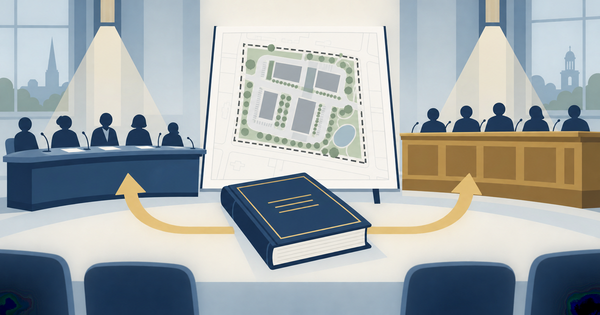 Editorial illustration of a development site plan positioned between a planning commission table and a city council dais, with a shared rulebook and arrows pointing toward both bodies.