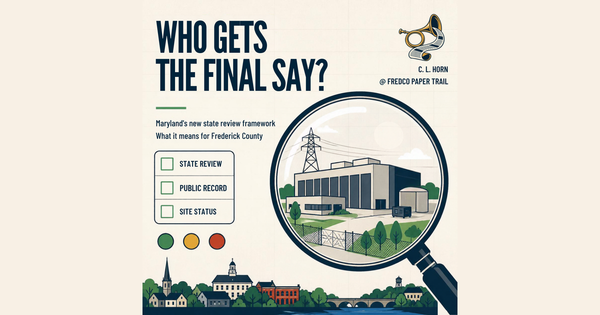 FredCo Paper Trail graphic asking “Who gets the final say?” with a magnifying glass examining a data-center site and boxes for state review, public record and site status.