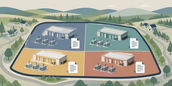 Editorial illustration of a data-center campus divided into four colored parcels, each with a building, generators and a permit icon, surrounded by roads, homes, trees and hills.