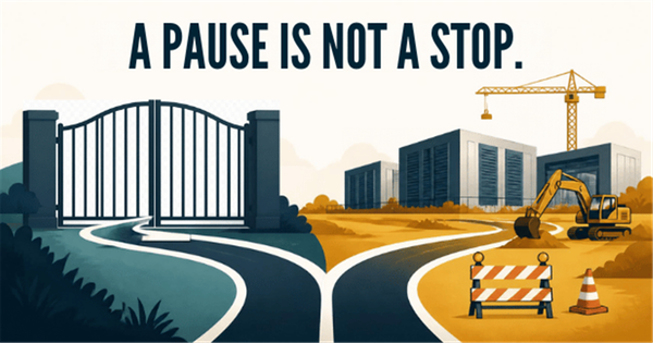 Editorial graphic showing a closed dark blue gate beside an active construction route with data-center buildings, a crane and roadwork.