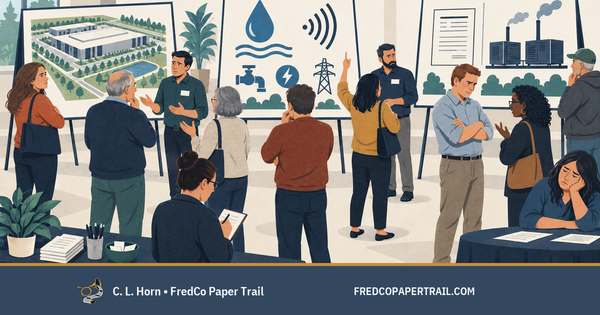 An illustrated open-house room where attendees study displays about a data center, utilities and generators while showing concern, frustration, skepticism, fatigue and neutral interest.