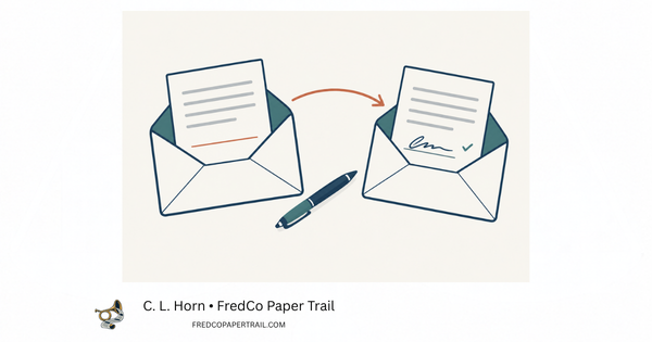 Two illustrated envelopes hold oath sheets, one with a blank signature line and one signed, with a pen and an arrow between them.