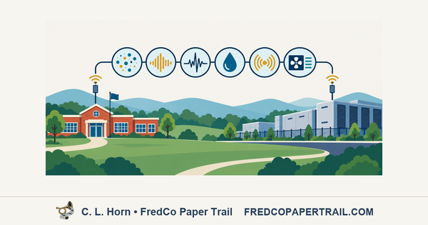 A school and data-center campus are connected by six monitoring symbols for air, sound, vibration, water, wireless signals and equipment conditions.