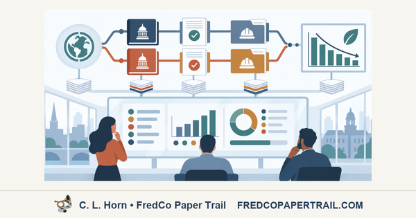Three residents examine a climate dashboard while parallel City and County tracks connect civic actions, implementation records, and an emissions chart.