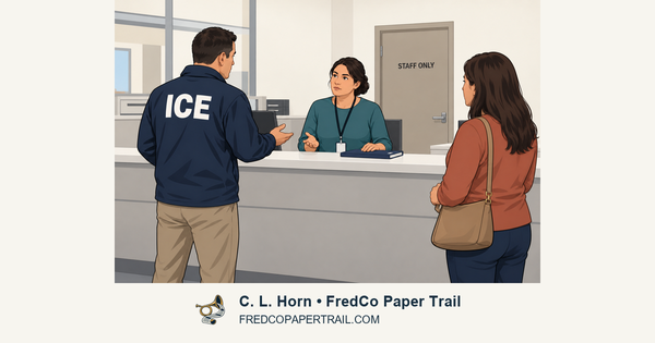 Illustration of an ICE officer speaking with a County employee across a service counter, a staff-only door behind the employee and a resident waiting nearby.