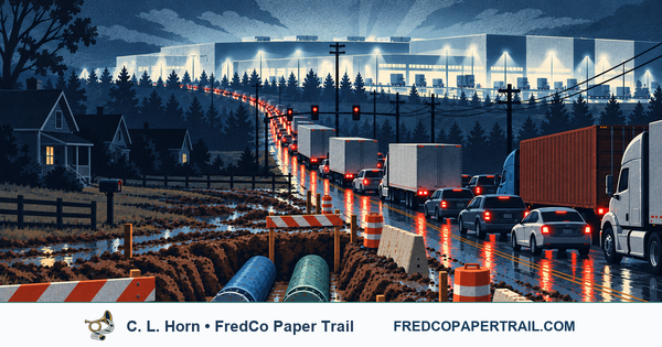 Hypothetical night scene: a floodlit industrial campus above traffic on a narrow wet road, dark homes, mud, barriers, and capped utility pipes.