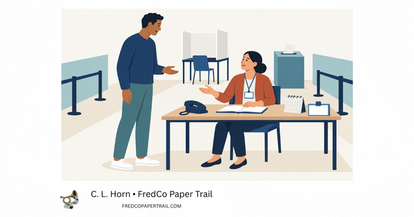 Illustration of a voter speaking with an election worker wearing a badge beside an open notebook, telephone, calendar and credential card; a voting screen and ballot box stand behind them.