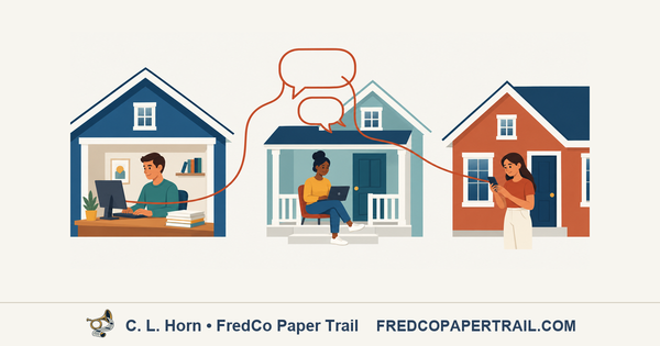 Three neighbors in separate homes use computers and a phone while a continuous line and speech bubbles connect their conversation.