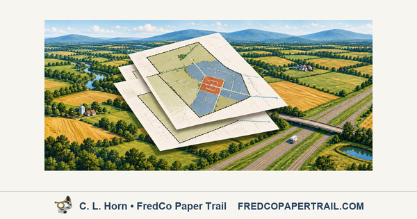 Layered zoning maps hover above a Frederick County rural landscape and highway.