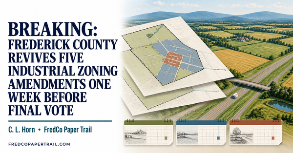 Editorial graphic showing layered industrial-zoning maps over Frederick County farmland and highways, with the article headline and FredCo Paper Trail branding.