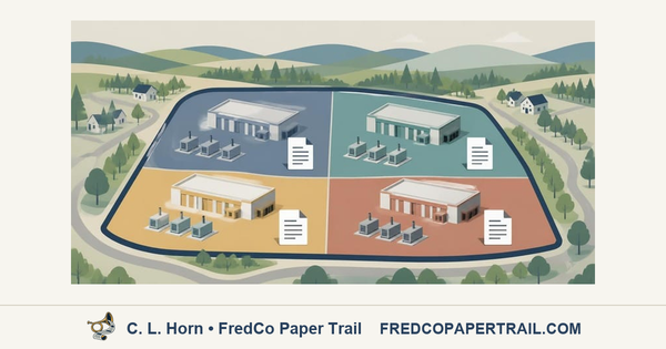 Editorial illustration of a data-center campus divided into four colored parcels, each with a building, generators and a permit icon, surrounded by roads, homes, trees and hills.