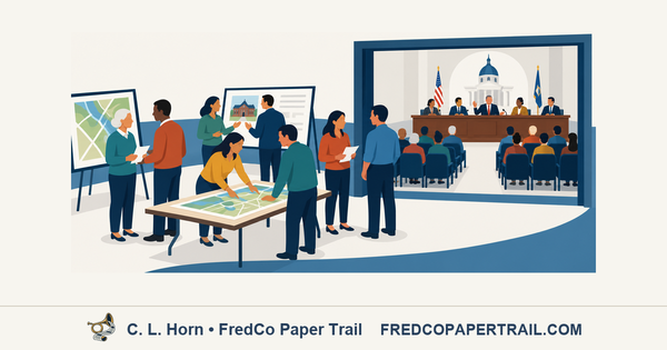 Illustration of residents at an informational open house separated from officials making decisions in a formal meeting room.