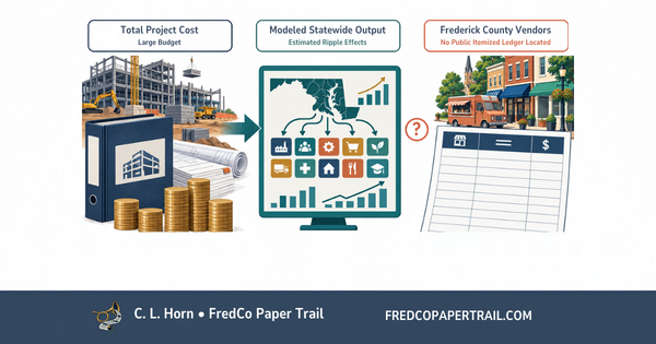 Illustration of construction, a statewide economic model and storefronts beside a blank payment ledger, separated by a question mark.