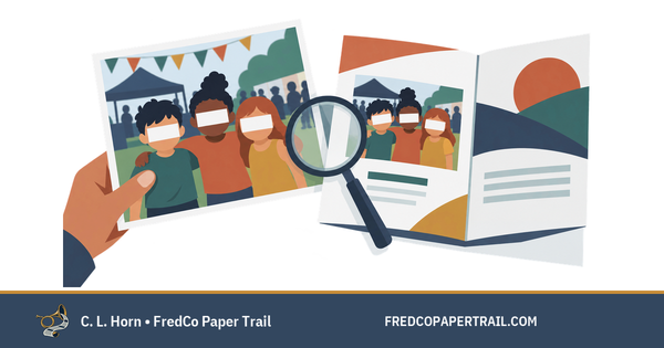 Editorial illustration of a community-event photo showing three children with faces obscured, repeated inside an open promotional mailer under a magnifying glass.