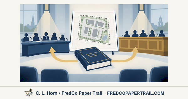 Editorial illustration of a development site plan positioned between a planning commission table and a city council dais, with a shared rulebook and arrows pointing toward both bodies.