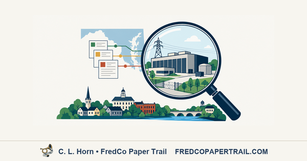 A magnifying glass examines a data-center facility and transmission line above a Frederick-style civic skyline, with a Maryland outline and review documents to the left.