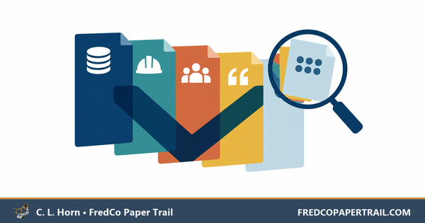 Five overlapping evidence cards use symbols for money, construction, people, quotations and organizations. A magnifying glass separates one layer above the FredCo Paper Trail byline.