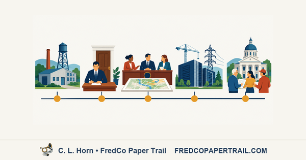 Illustrated timeline connecting Frederick County’s industrial past, government decisions, data-center development, electrical infrastructure, and public participation.
