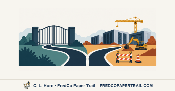 Editorial graphic showing a closed dark blue gate beside an active construction route with data-center buildings, a crane and roadwork.