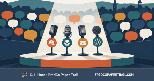 Four selected microphones stand under one spotlight while many speech bubbles surround the stage, distinguishing the mailer's featured voices from Frederick County as a whole.
