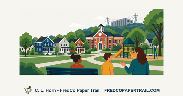 A friendly illustrated Frederick County neighborhood places residents, homes, a school and trees in the foreground, with data-center and transmission infrastructure behind them.