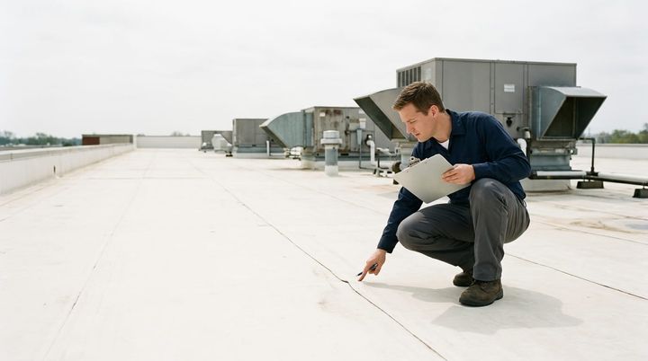 An inspector walking a flat commercial roof with a clipboard, checking membrane seams near rooftop HVAC units.