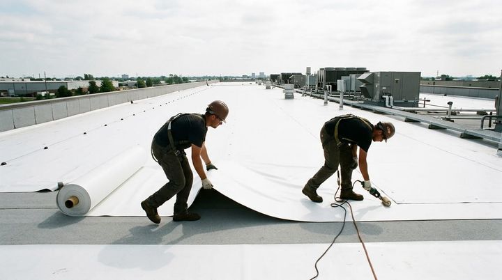 A commercial roofing crew installing white membrane on a large flat commercial rooftop.