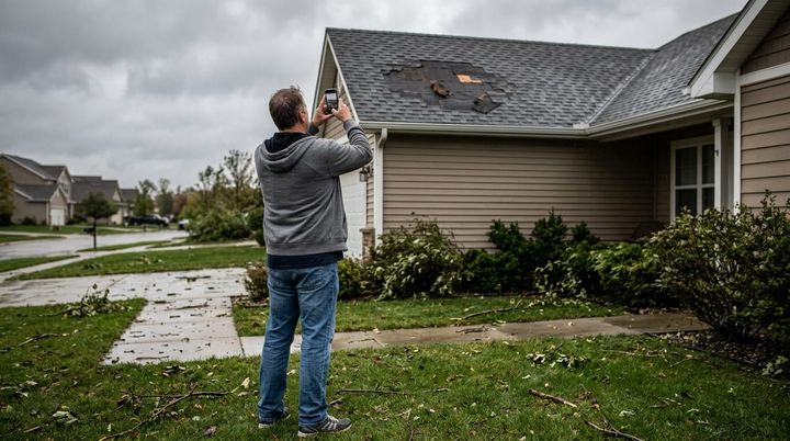 A homeowner photographing storm damage to their roof from the ground after a severe weather event.
