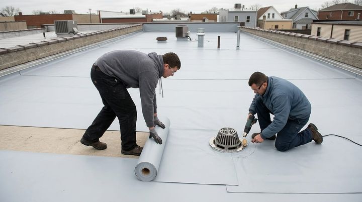 A roofing crew installing white membrane across a low-slope flat roof with a visible drain.