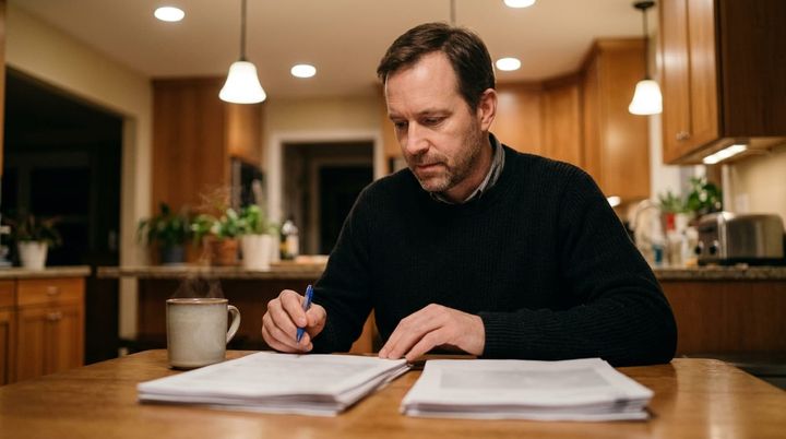 A homeowner at a kitchen table comparing two printed roofing estimates side by side.