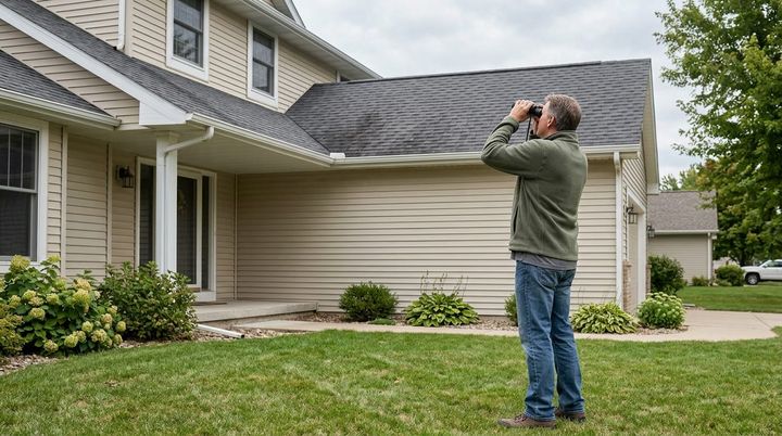 A homeowner standing on a lawn using binoculars to examine the roofline of their house.