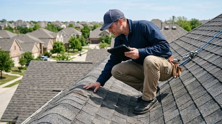 A roofing professional inspecting asphalt shingles on a residential roof with a clipboard in hand.